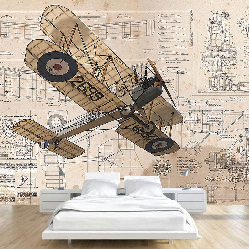 Old Airplane Wall Mural Decal for Children's Bedroom, Neutral Color, Customized Size Available Clearhalo 'Wall Decor' 'Wall Mural' 1036688
