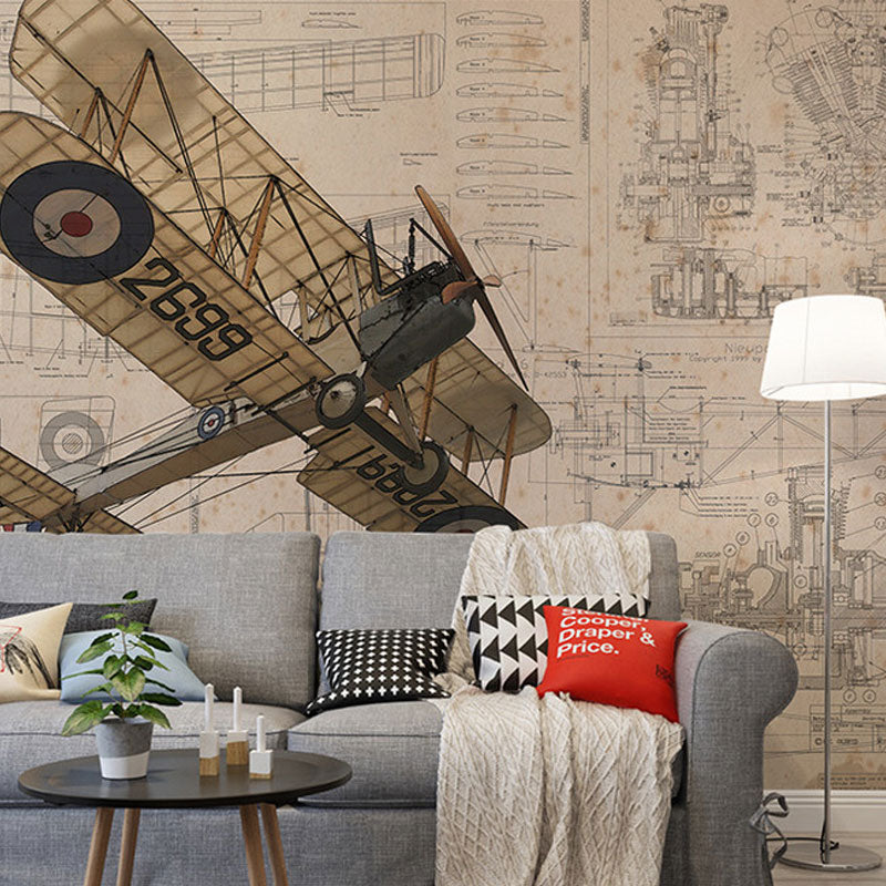 Old Airplane Wall Mural Decal for Children's Bedroom, Neutral Color, Customized Size Available Clearhalo 'Wall Decor' 'Wall Mural' 1036689