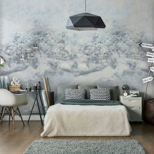 Minimalist Snowy Forest Wall Mural for Accent Wall, Personalized Size Wall Decor in Blue and White