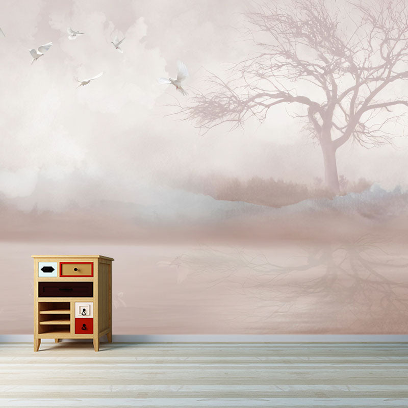 Full Contemporary Wall Mural Decal in Pastel Color Misty Tree Wall Covering, Custom Size Available Pink Clearhalo 'Wall Decor' 'Wall Mural' 1036737