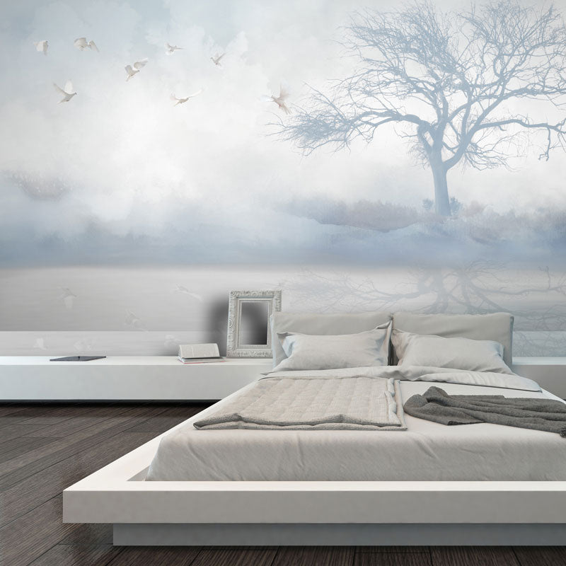 Full Contemporary Wall Mural Decal in Pastel Color Misty Tree Wall Covering, Custom Size Available Blue Clearhalo 'Wall Decor' 'Wall Mural' 1036742