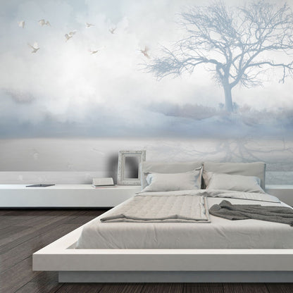 Full Contemporary Wall Mural Decal in Pastel Color Misty Tree Wall Covering, Custom Size Available Blue Clearhalo 'Wall Decor' 'Wall Mural' 1036742