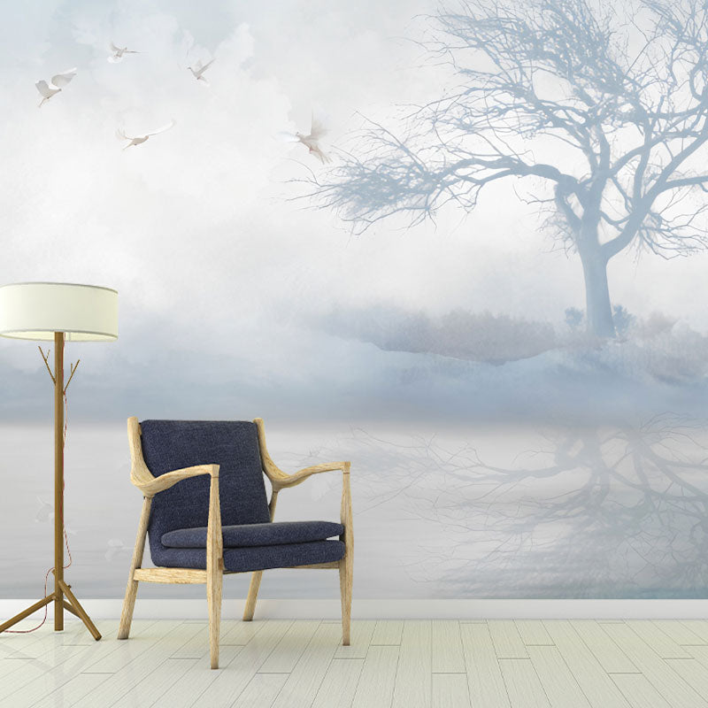 Full Contemporary Wall Mural Decal in Pastel Color Misty Tree Wall Covering, Custom Size Available Clearhalo 'Wall Decor' 'Wall Mural' 1036744