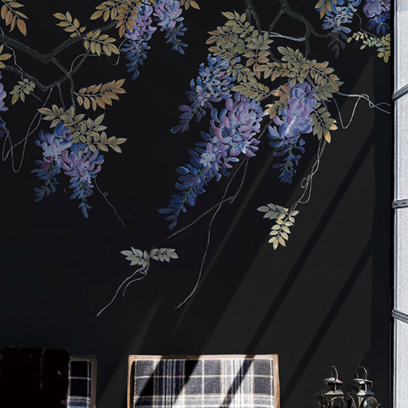 Full Size Illustration Leaves Mural Wallpaper for Bedroom Decor in Neutral Color, Custom-Printed Black Clearhalo 'Wall Decor' 'Wall Mural' 1036844