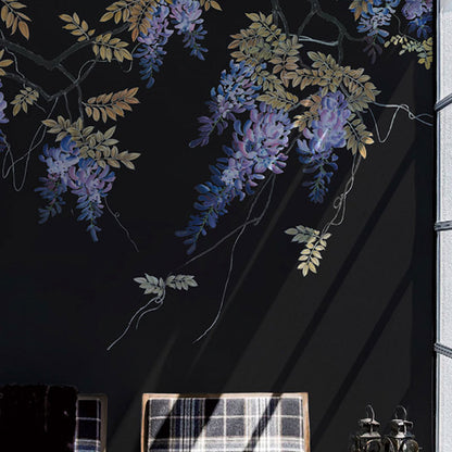 Full Size Illustration Leaves Mural Wallpaper for Bedroom Decor in Neutral Color, Custom-Printed Black Clearhalo 'Wall Decor' 'Wall Mural' 1036844