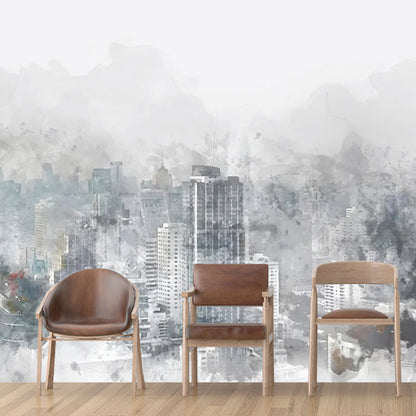 Soft Grey Simple Mural Wallpaper Extra Large Skyscrapers Wall Covering for Meeting Room Grey Clearhalo 'Wall Decor' 'Wall Mural' 1036869