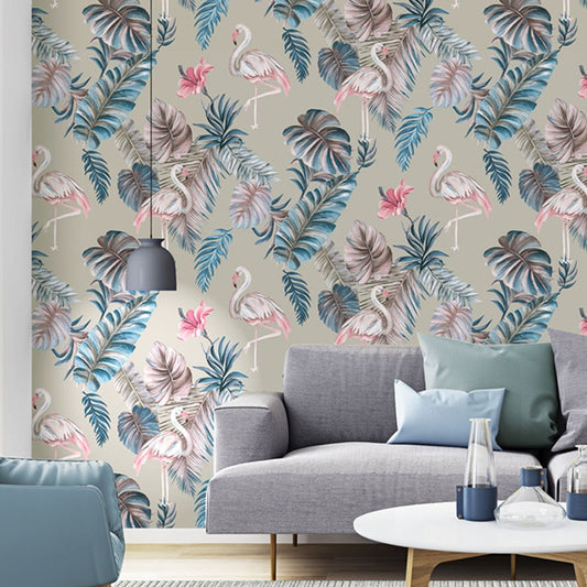 Tropical Flamingo Wall Decor in Neutral Color Non-Woven Fabric Wallpaper for Home Decor, 57.1 sq ft. Grey Clearhalo 'Modern wall decor' 'Modern' 'Wallpaper' Wall Decor' 1037269