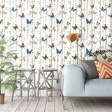 Birch Tree and Butterfly Wallpaper Roll Peel and Stick Wall Covering for Coffee Shop Blue-Green