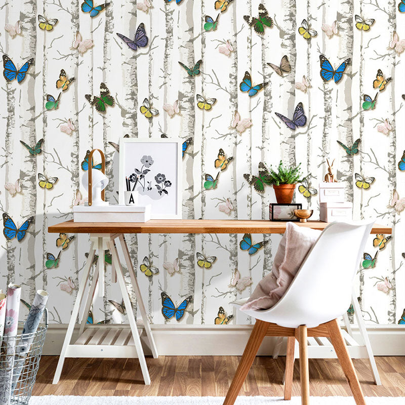 Birch Tree and Butterfly Wallpaper Roll Peel and Stick Wall Covering for Coffee Shop Clearhalo 'Country wall decor' 'Rustic' 'Wallpaper' Wall Decor' 1037439
