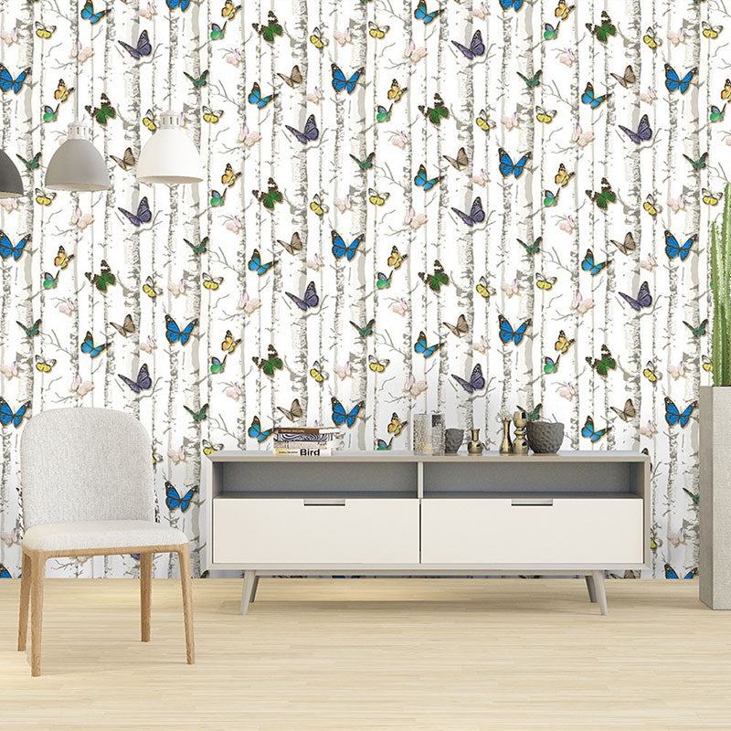 Birch Tree and Butterfly Wallpaper Roll Peel and Stick Wall Covering for Coffee Shop Clearhalo 'Country wall decor' 'Rustic' 'Wallpaper' Wall Decor' 1037440
