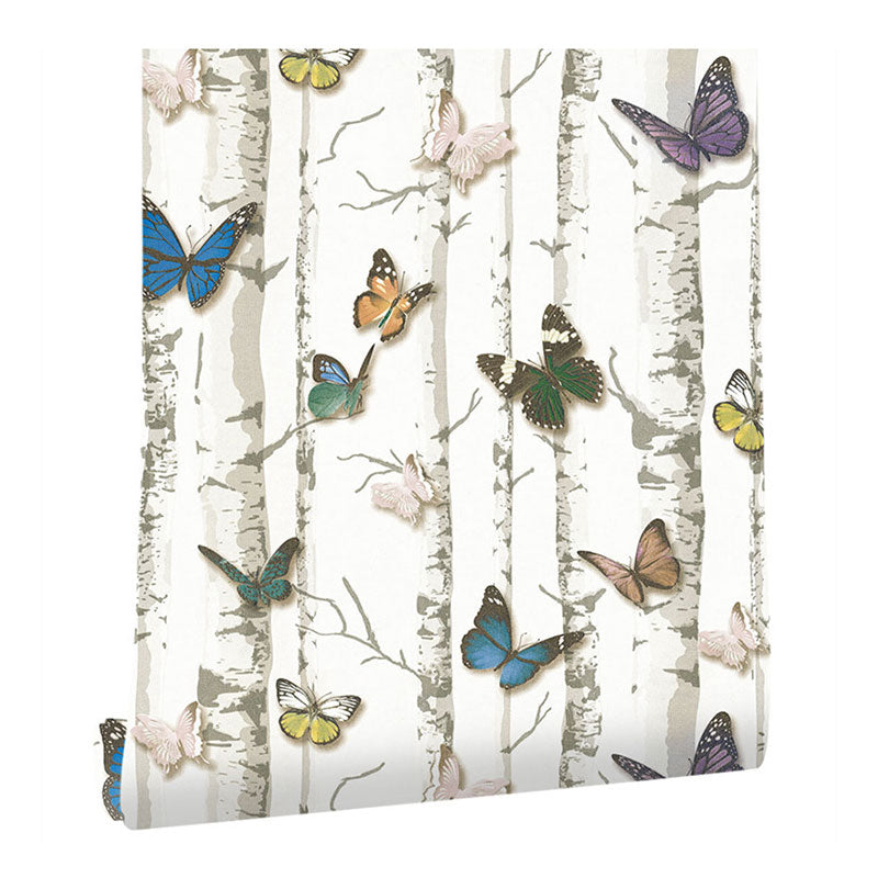 Birch Tree and Butterfly Wallpaper Roll Peel and Stick Wall Covering for Coffee Shop Clearhalo 'Country wall decor' 'Rustic' 'Wallpaper' Wall Decor' 1037441