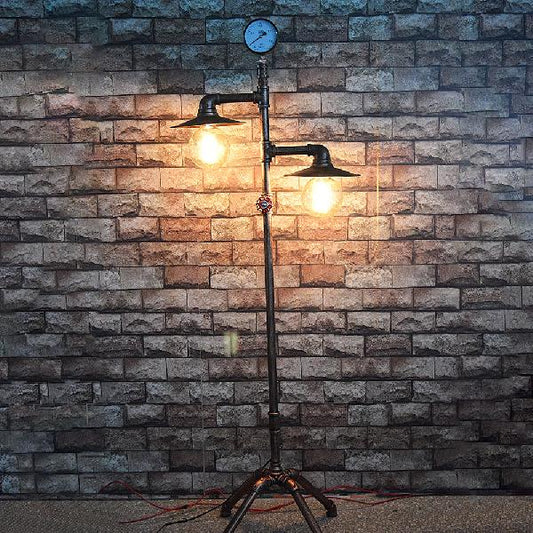 Antique Style Piped Floor Lighting 2 Lights Wrought Iron Floor Lamp with Flat Shade in Bronze for Living Room Clearhalo 'Floor Lamps' 'Lamps' Lighting' 103801