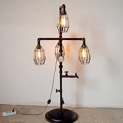 Metal Cage Shade Floor Lamp Steampunk 4 Bulbs Living Room Floor Lighting with Plug In Cord in Rust Finish Rust Clearhalo 'Floor Lamps' 'Lamps' Lighting' 103809