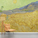 Yellow and Green Classic Mural Personalized Size Wheat Field and Sun Wall Decor for Accent Wall