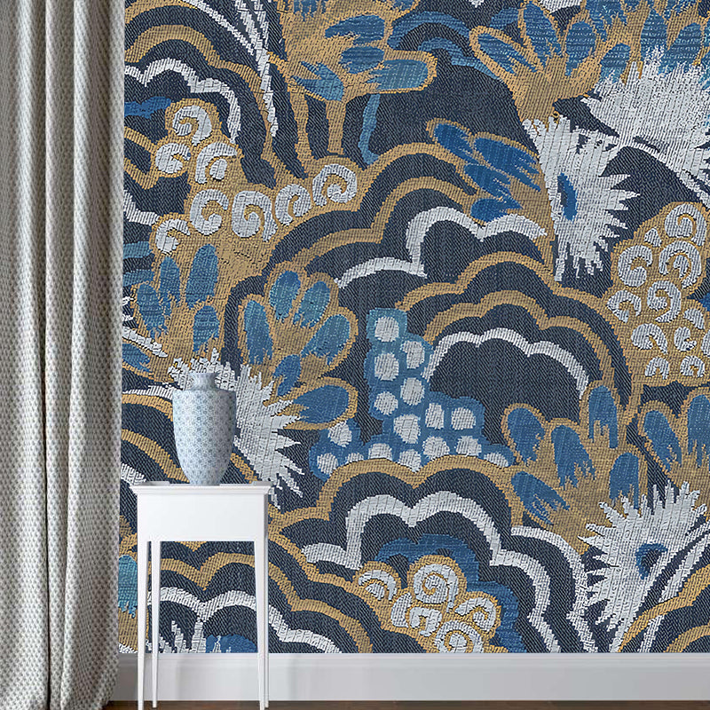 Stain-Resistant Carved Blossoms Wall Mural Decal Custom-Printed Japanese Wall Art for Kitchen Blue Clearhalo 'Wall Decor' 'Wall Mural' 1041088