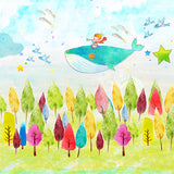 Illustration Whale and Tree Mural Extra Large Wall Covering for Children, Made to Measure Clearhalo 'Wall Decor' 'Wall Mural' 1041151