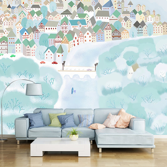 Minimalist Cartoon House Wall Art for Kid's Bedroom, Custom-Made Mural Wallpaper in Blue