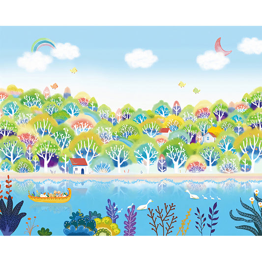 Illustration River and Forest Mural Wallpaper for Children in Blue and Green, Made to Measure