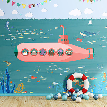 Decorative Submarine and Sea Mural Wallpaper Non-Woven Contemporary Wall Covering for Children's Bedroom Pink-Green Clearhalo 'Wall Decor' 'Wall Mural' 1041178