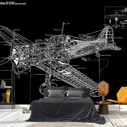 Airplane Design Wall Mural Decal for Accent Wall, Black and White, Personalized Size Available Black Clearhalo 'Wall Decor' 'Wall Mural' 1041268