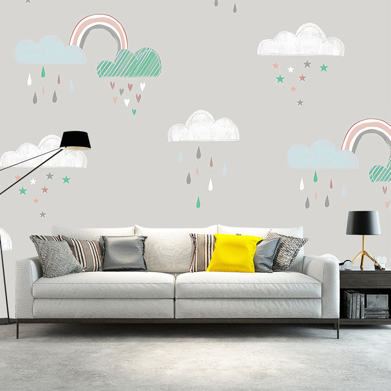 Simplicity Rain and Cloud Mural for Kid's Bedroom, Custom-Made Wall Decor in Pastel Color Green-White Clearhalo 'Wall Decor' 'Wall Mural' 1041318