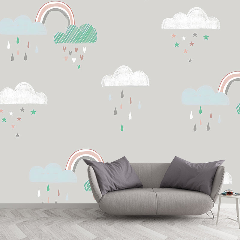 Simplicity Rain and Cloud Mural for Kid's Bedroom, Custom-Made Wall Decor in Pastel Color Clearhalo 'Wall Decor' 'Wall Mural' 1041319