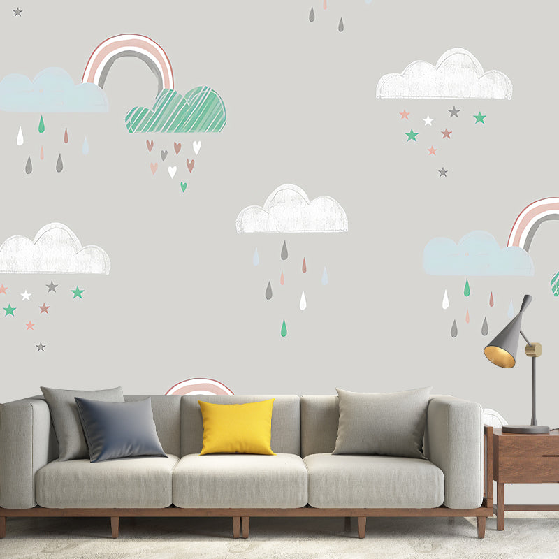 Simplicity Rain and Cloud Mural for Kid's Bedroom, Custom-Made Wall Decor in Pastel Color Clearhalo 'Wall Decor' 'Wall Mural' 1041320