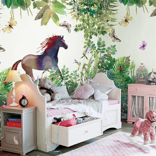 Full Size Minimalist Wall Art in Green Galloping Horse and Butterfly Wall Mural, Made to Measure