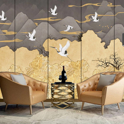 Big Crane and Mountain Mural Wallpaper in Grey and Yellow Non-Woven Fabric Wall Art for Bedroom, Custom-Made Clearhalo 'Wall Decor' 'Wall Mural' 1041378