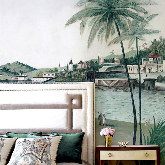 Full Size Port and Town Mural in Soft Green Non-Woven Fabric Wall Art for Living Room, Custom-Made Clearhalo 'Wall Decor' 'Wall Mural' 1041407