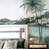 Full Size Port and Town Mural in Soft Green Non-Woven Fabric Wall Art for Living Room, Custom-Made Clearhalo 'Wall Decor' 'Wall Mural' 1041407