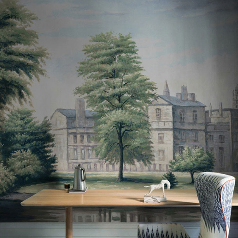 Illustration Peaceful Town Wall Art Custom-Made Wall Mural Decal for Study Room, Made to Measure Green Clearhalo 'Wall Decor' 'Wall Mural' 1041421