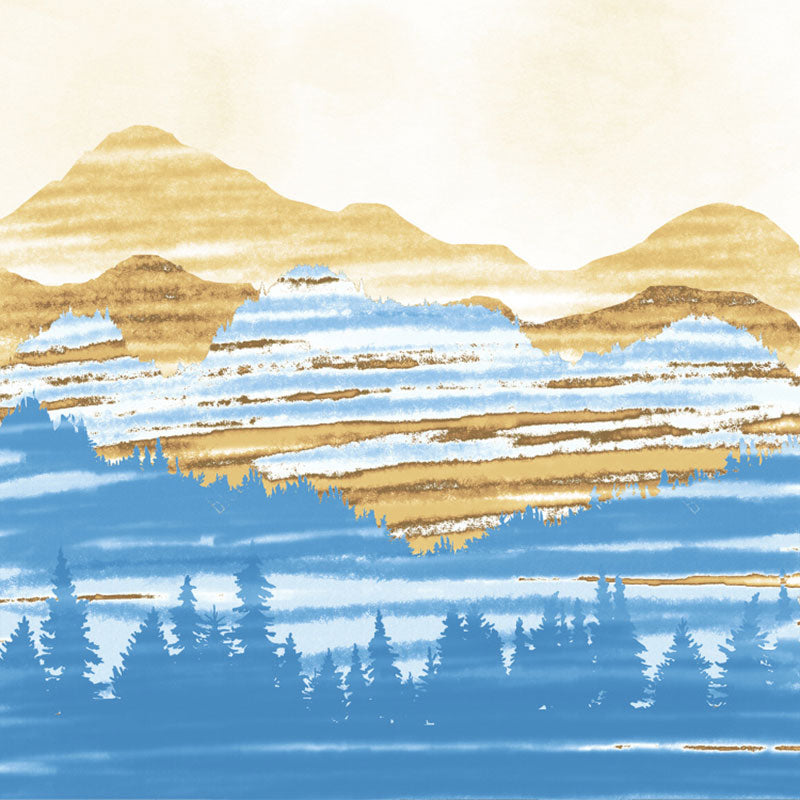 Watercolors of Mountain Wall Mural for Bedroom Decoration, Blue and Yellow, Custom-Printed Clearhalo 'Wall Decor' 'Wall Mural' 1041484