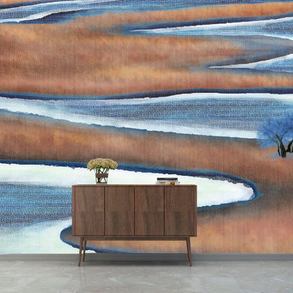 Simple Meandering River Wall Art in Blue and White Guest Room Wall Mural, Made to Measure Blue-Brown Clearhalo 'Wall Decor' 'Wall Mural' 1041491