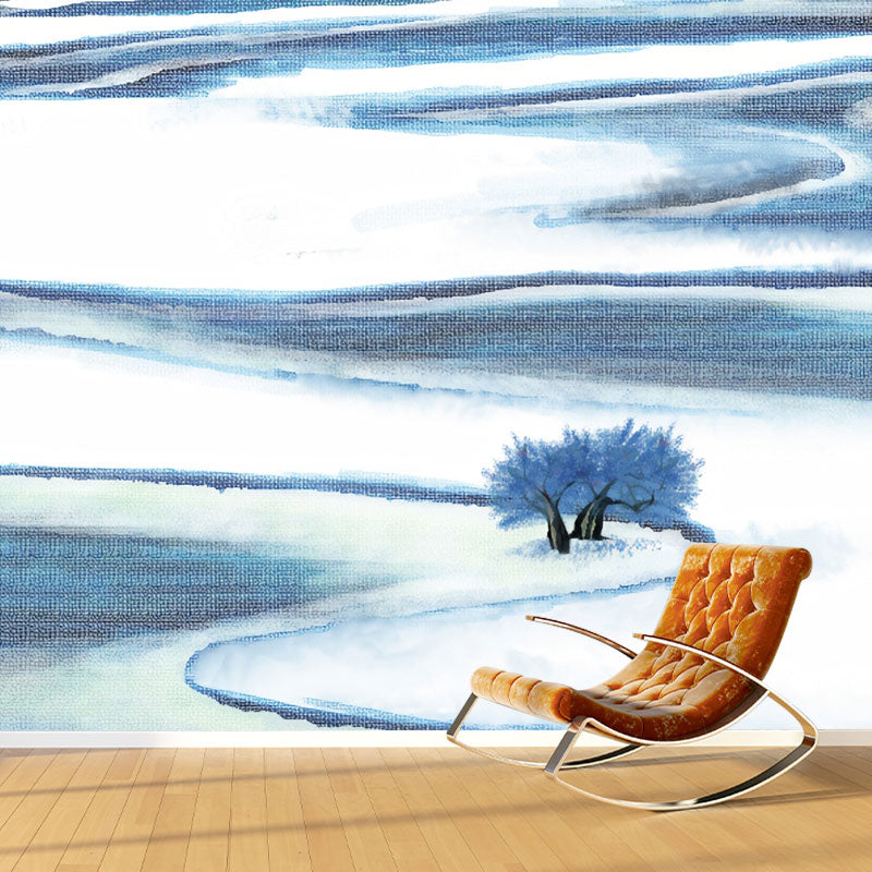 Simple Meandering River Wall Art in Blue and White Guest Room Wall Mural, Made to Measure Light Blue-White Clearhalo 'Wall Decor' 'Wall Mural' 1041496