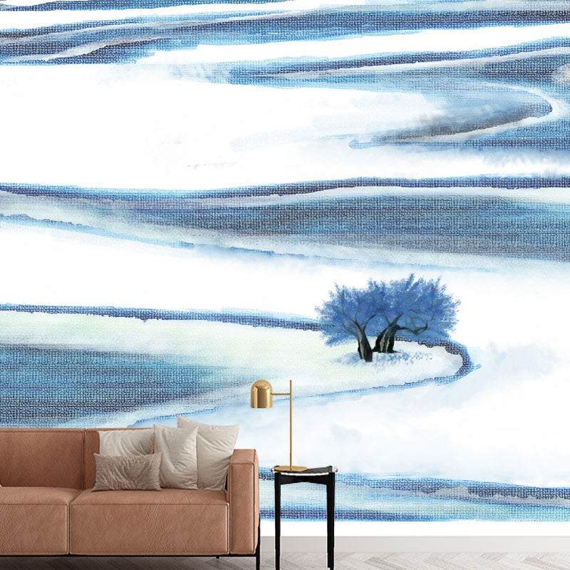 Simple Meandering River Wall Art in Blue and White Guest Room Wall Mural, Made to Measure Clearhalo 'Wall Decor' 'Wall Mural' 1041497