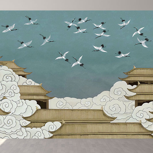 Full Illustration Asia Inspired Mural for Accent Wall with Classic Palace in Blue and Yellow Clearhalo 'Wall Decor' 'Wall Mural' 1041593