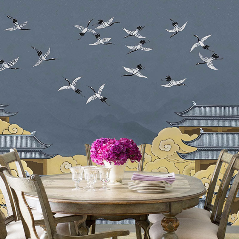 Full Illustration Asia Inspired Mural for Accent Wall with Classic Palace in Blue and Yellow Blue Clearhalo 'Wall Decor' 'Wall Mural' 1041596