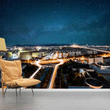 Full Night City Mural Wallpaper in Blue Non-Woven Material Wall Covering for Accent Wall, Custom-Made