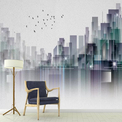 Full Urban Scenery Wall Art for Office Room Flying Bird Wall Mural Decal in Grey, Moisture-Resistant Grey Clearhalo 'Wall Decor' 'Wall Mural' 1041737