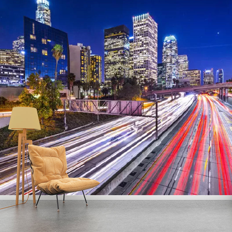 Red and Blue Metropolis Mural Wallpaper Stain-Resistant Wall Covering for Meeting Room Decoration Clearhalo 'Wall Decor' 'Wall Mural' 1041818