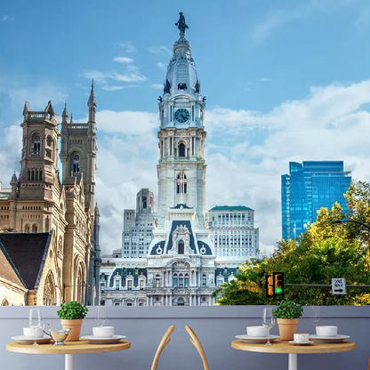 Big Contemporary Wall Mural Decal in Pastel Blue European Buildings Wall Art, Made to Measure Blue Clearhalo 'Wall Decor' 'Wall Mural' 1041846