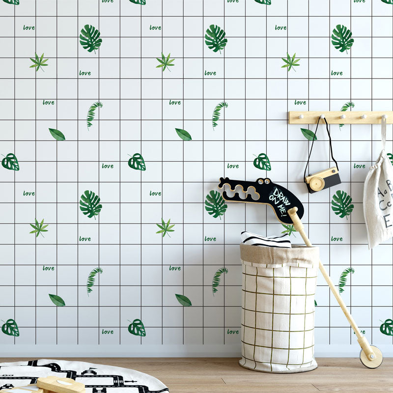 Simplicity Wall Covering Soft Green Leaves and Grid Wallpaper, 32.3 sq ft., Easy to Remove White-Green Clearhalo 'Modern wall decor' 'Modern' 'Wallpaper' Wall Decor' 1041904
