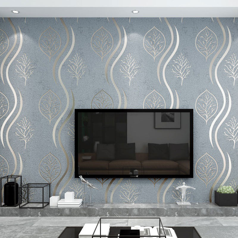 33' x 20.5" Leaves Wallpaper for Bedroom Flock Surface Wall Covering in Natural Color, Moisture-Resistant Blue-Gray Clearhalo 'Modern wall decor' 'Modern' 'Wallpaper' Wall Decor' 1042020