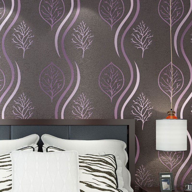 33' x 20.5" Leaves Wallpaper for Bedroom Flock Surface Wall Covering in Natural Color, Moisture-Resistant Gray-Purple Clearhalo 'Modern wall decor' 'Modern' 'Wallpaper' Wall Decor' 1042030