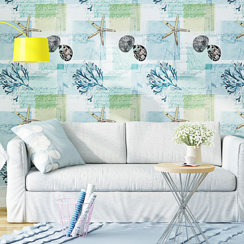 Moisture-Resistant Shell Wall Decor Non-Woven Fabric Wallpaper Roll for Boy's Bedroom Blue Clearhalo 'Wall Decor' 'Wallpaper' 1042043