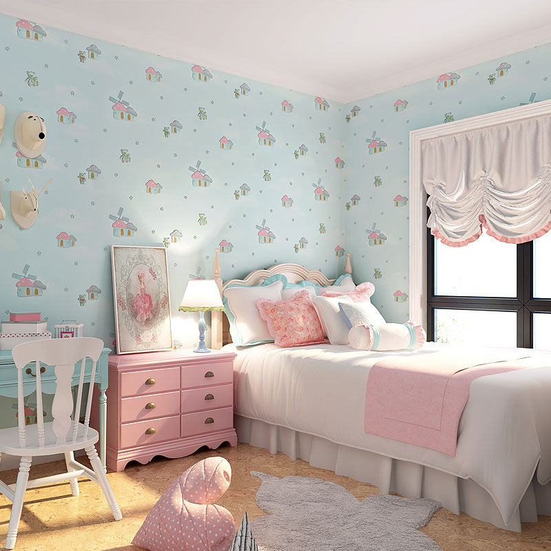 Pastel Color Nordic Wall Art 20.5"W x 31'L Mushroom House Wallpaper Roll for Children's Bedroom Light Blue Clearhalo 'Wall Decor' 'Wallpaper' 1042055_dfd41316-e26f-4de8-bb1f-d3cb745957c2