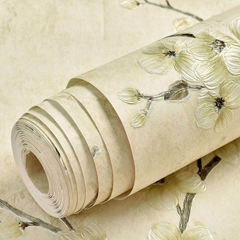Neutral Color Countryside Flower Wallpaper Stain-Resistant Wall Covering for Guest Room, Peel and Stick Light Yellow Clearhalo 'Country wall decor' 'Rustic' 'Wallpaper' Wall Decor' 1042072