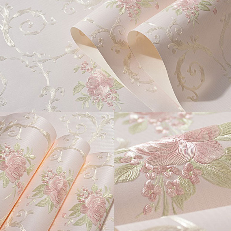 Rural Flowers Self-Adhesive Wallpaper for Accent Wall, 20.5"W x 19.5'L Wall Covering in Natural Color Light Pink Clearhalo 'Country wall decor' 'Rustic' 'Wallpaper' Wall Decor' 1042100