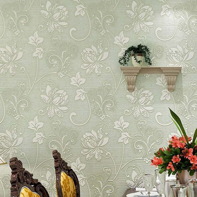 Entwined Leaves and Blossoms Wallpaper Bedroom Decorative Wall Covering in Soft Color, 20.5"W x 16.5'L, Peel and Stick Light Green Clearhalo 'Country wall decor' 'Rustic' 'Wallpaper' Wall Decor' 1042117